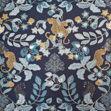 4034-72133 Navy blue ginger gold metallic Jungle Tropical leaves leopard cheetah Wallpaper
