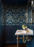 4034-72133 Navy blue ginger gold metallic Jungle Tropical leaves leopard cheetah Wallpaper
