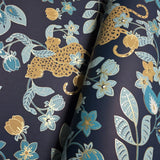 4034-72133 Navy blue ginger gold metallic Jungle Tropical leaves leopard cheetah Wallpaper

