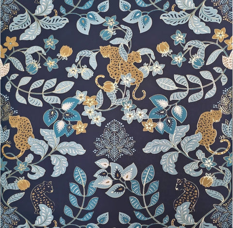 4034-72133 Navy blue ginger gold metallic Jungle Tropical leaves leopard cheetah Wallpaper
