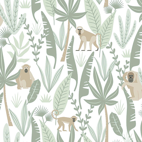 4060-139071 Kiki Light Green Monkeys Wallpaper