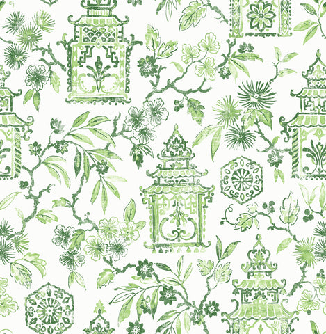 4081-26312 Helaine Green Pagoda Wallpaper