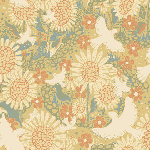 4111-63008 Drömma Coral Songbirds and Sunflowers Wallpaper