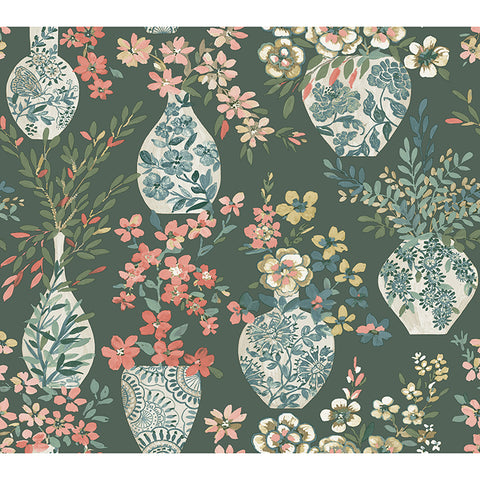 4120-72000 Harper Green Floral Vase Wallpaper