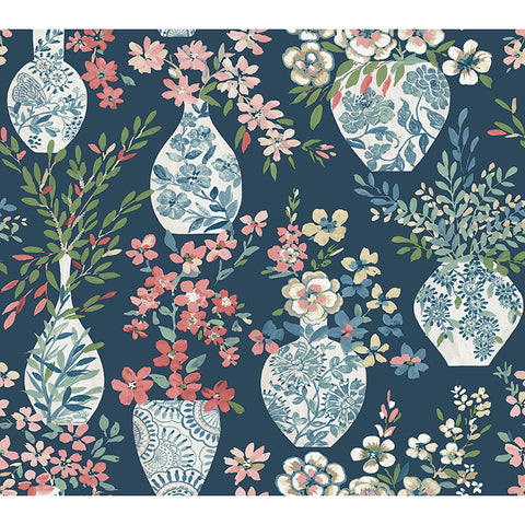 4120-72001 Harper Teal Floral Vase Wallpaper