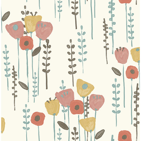 4135-27278 Mabel Coral Floral Field Wallpaper