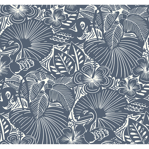 4135-72716 Idalia Navy Floral Flamingo Wallpaper