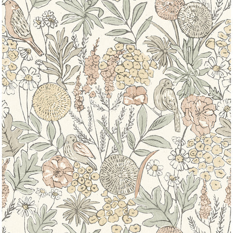  4148-27410 Goldfinch Peach Birds and Blooms Wallpaper