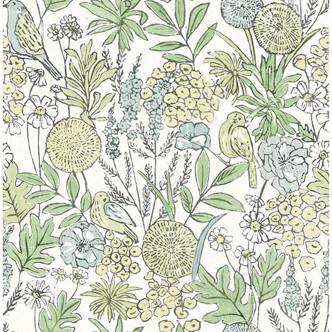4148-27412 Goldfinch Green Birds and Blooms Wallpaper