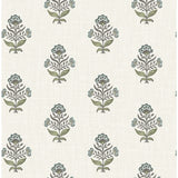 4148-27415 Hollyhock Aqua Floral Crest Wallpaper