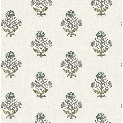4148-27415 Hollyhock Aqua Floral Crest Wallpaper