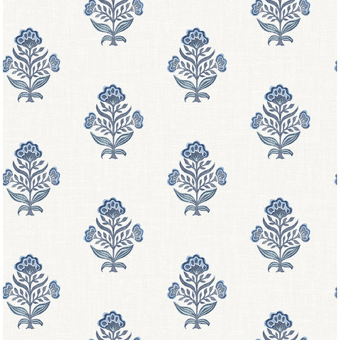  4148-27417 Hollyhock Blue Floral Crest Wallpaper