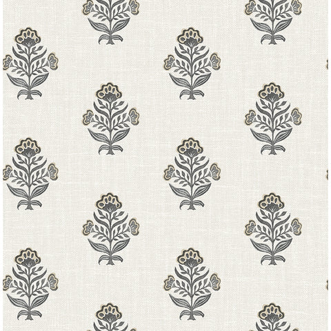 4148-27418 Hollyhock Black Floral Crest Wallpaper