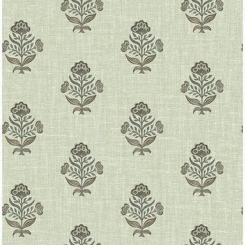  4148-27419 Hollyhock Green Floral Crest Wallpaper
