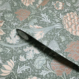 4153-82035 Flowers blooms heritage botanical floral olive sea green orange peach Wallpaper