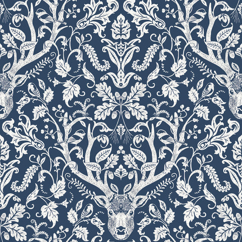 4169-12703 Kiwassa Navy Antler Damask Wallpaper