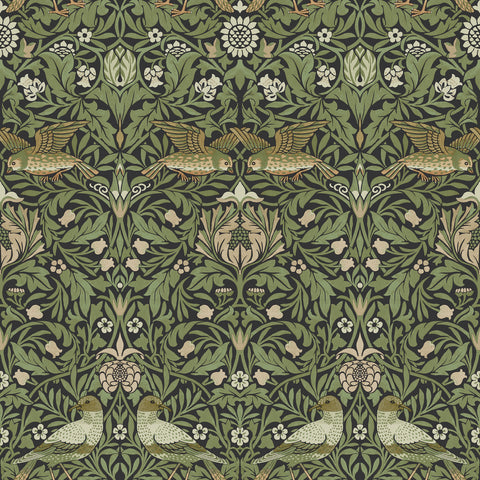 4171-82063 Bird Green Floral Thicket Wallpaper