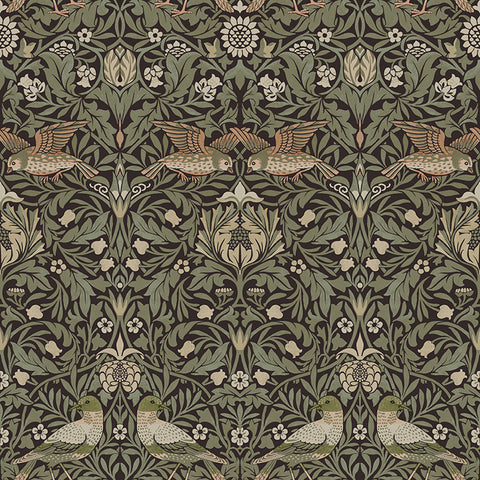 4171-82064 Bird Brown Floral Thicket Wallpaper