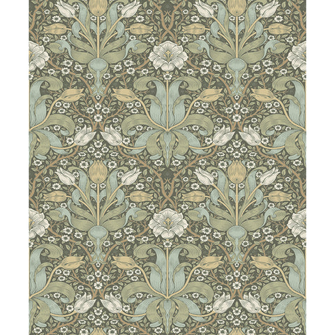 4171-82067 Spring Thicket Green Tulip Damask Wallpaper