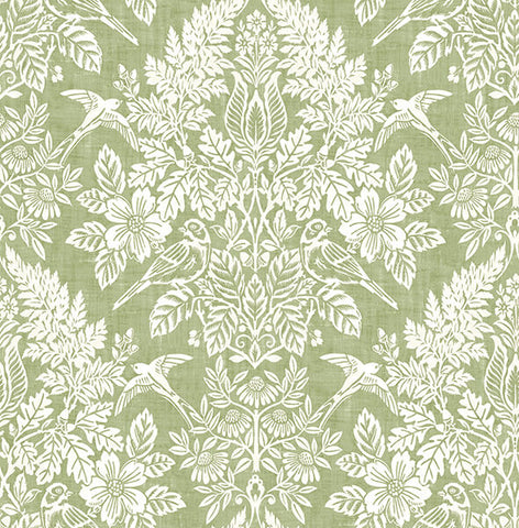 4173-27620 Finch Light Green Woodland Damask Wallpaper