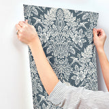  4173-27622 Finch Blue Woodland Damask Wallpaper