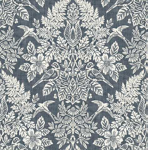  4173-27622 Finch Blue Woodland Damask Wallpaper