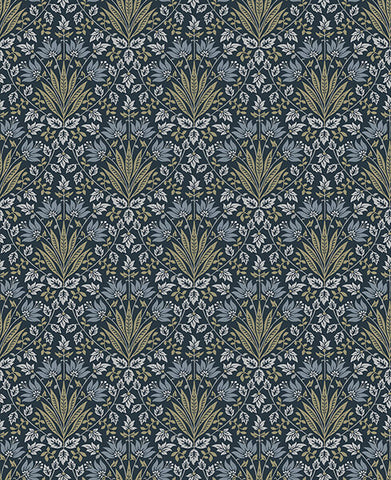 4173-27634 Woodbury Navy Floral Damask Wallpaper
