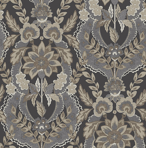 4173-27654 Collins Charcoal Damask Wallpaper