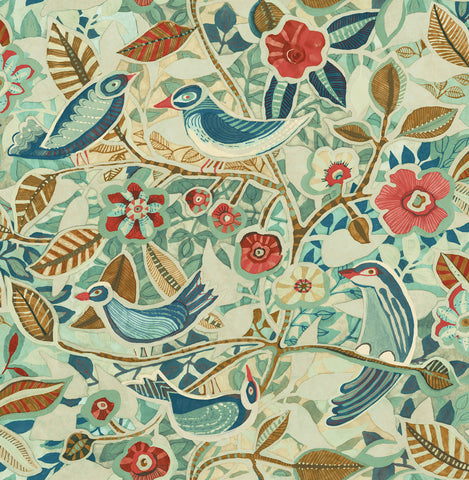 4197-27884 Manette Turquoise Birds in the Bush Wallpaper