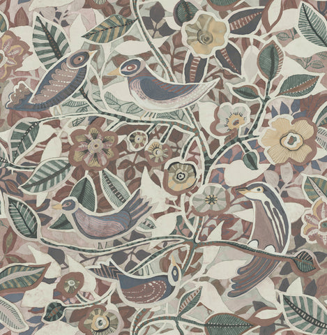 4197-27887 Manette Plum Birds in the Bush Wallpaper