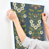 4201-48013 Rosa Navy Floral Columns Wallpaper