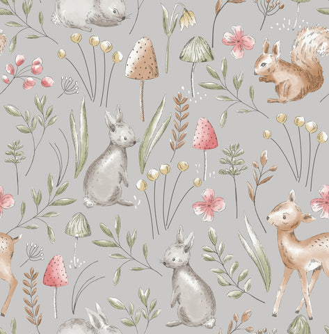 4203-27546 Forest Animals Grey Whimsical Wallpaper