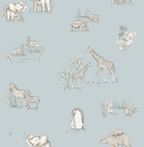 4203-27551 Safari Babies Blue Animal Wallpaper