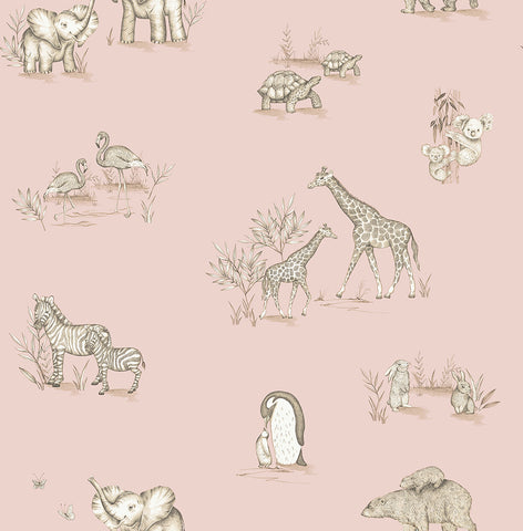  4203-27552 Safari Babies Pink Animal Wallpaper