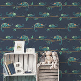 4203-27560 Chameleon Family Navy Canopy Stroll Wallpaper