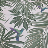47408 Tropical botanic palm branches leaves green white purple birds modern wallpaper