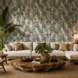 47408 Tropical botanic palm branches leaves green white purple birds modern wallpaper