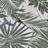 47408 Tropical botanic palm branches leaves green white purple birds modern wallpaper