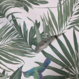 47408 Tropical botanic palm branches leaves green white purple birds modern wallpaper