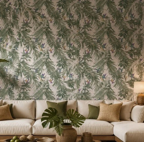 47408 Tropical botanic palm branches leaves green white purple birds modern wallpaper