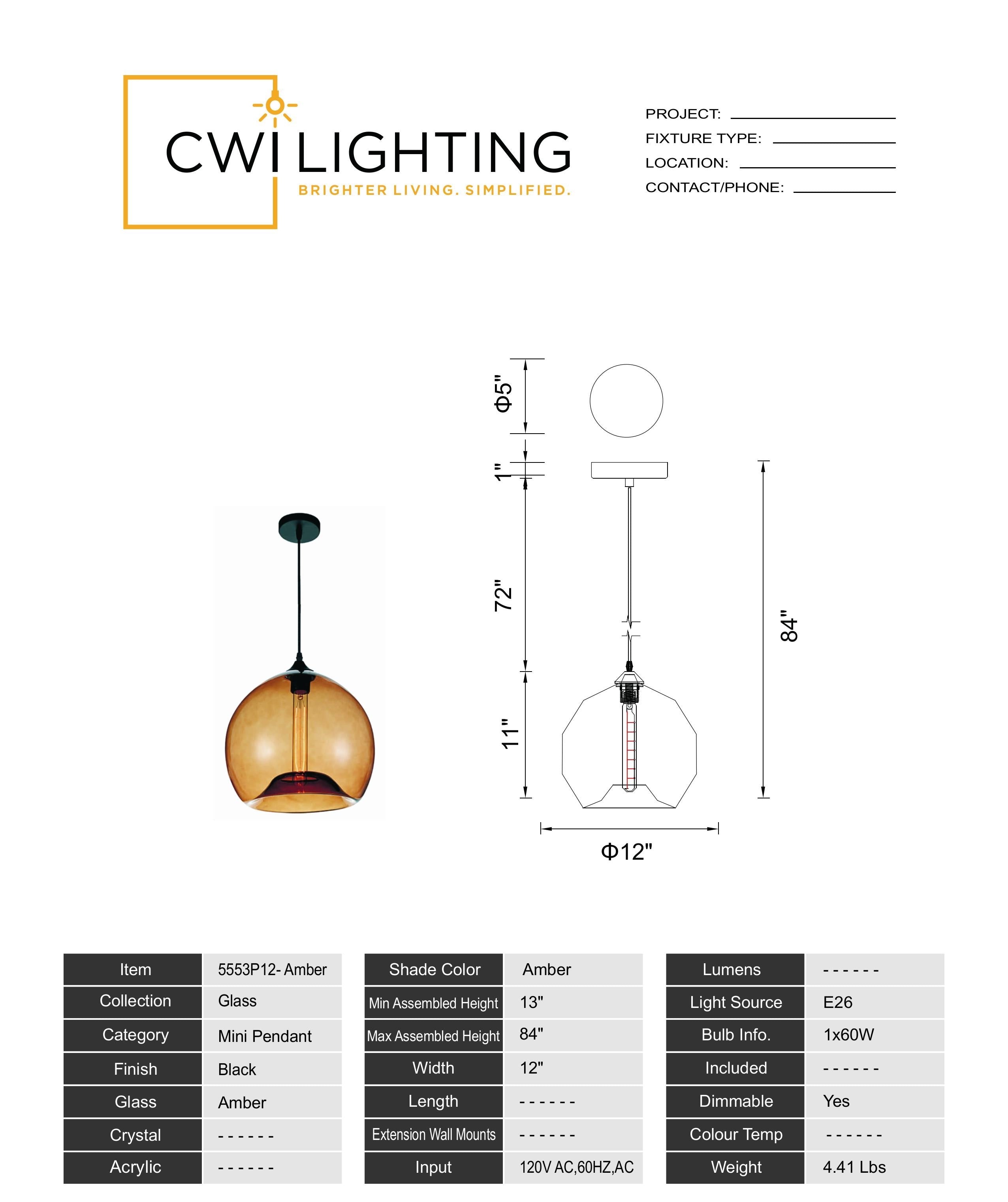 5553P12- Amber Glass 1 Light Down Mini Pendant With Amber Finish