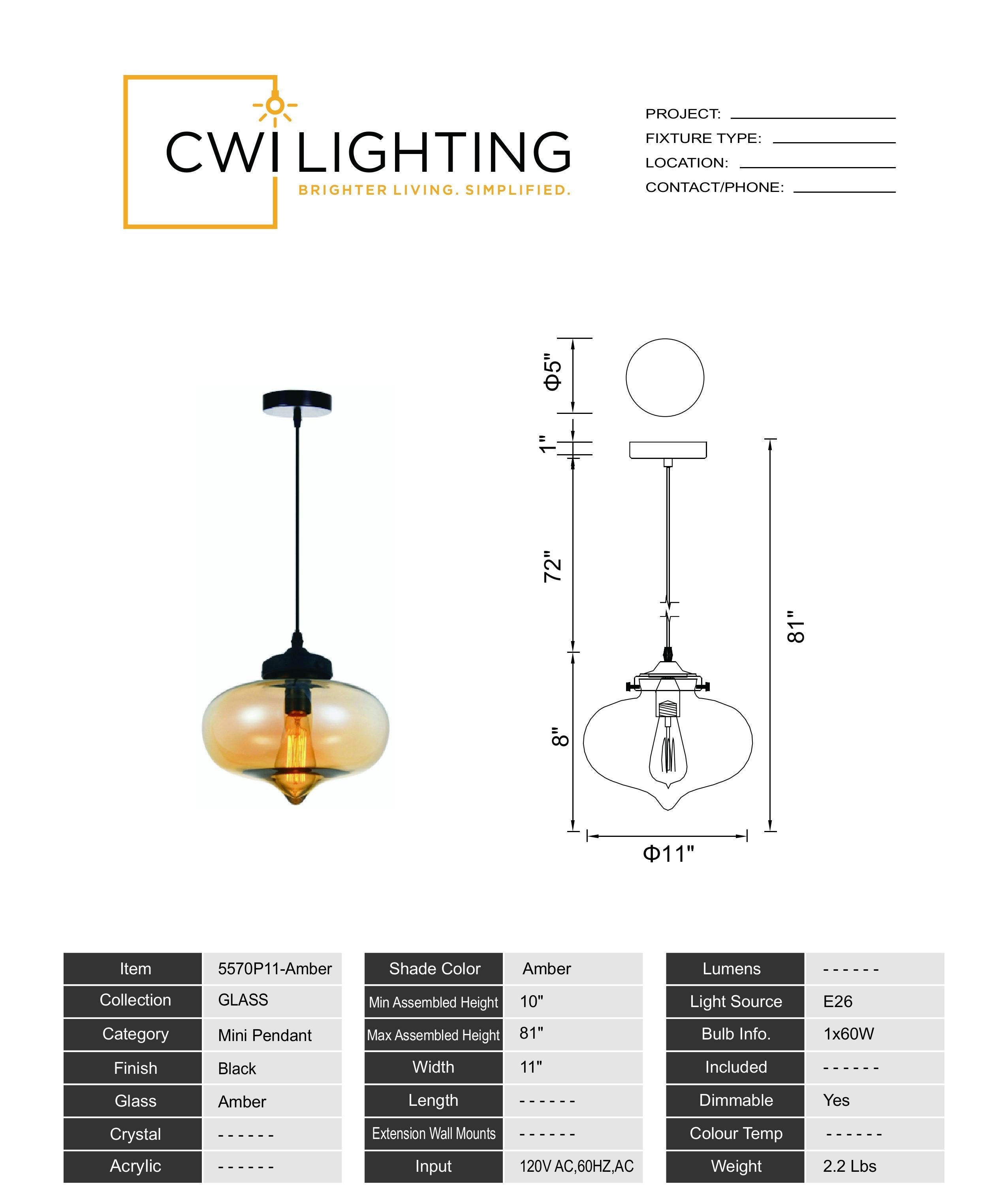 5570P11 - Amber Glass 1 Light Down Mini Pendant With Amber Finish