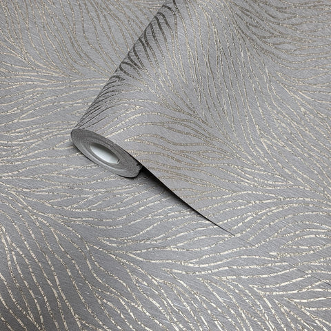 58429 Abstract feather leaf lines Faux fabric Textured taupe gold metallic wallpaper