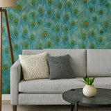 58504 Peacock feather mural blue green gold teal faux fabric textured exotic wallpaper