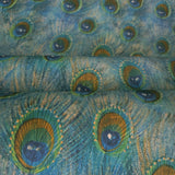 58504 Peacock feather mural blue green gold teal faux fabric textured exotic wallpaper