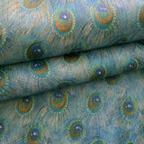 58504 Peacock feather mural blue green gold teal faux fabric textured exotic wallpaper