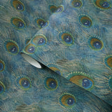 58504 Peacock feather mural blue green gold teal faux fabric textured exotic wallpaper