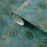 58504 Peacock feather mural blue green gold teal faux fabric textured exotic wallpaper