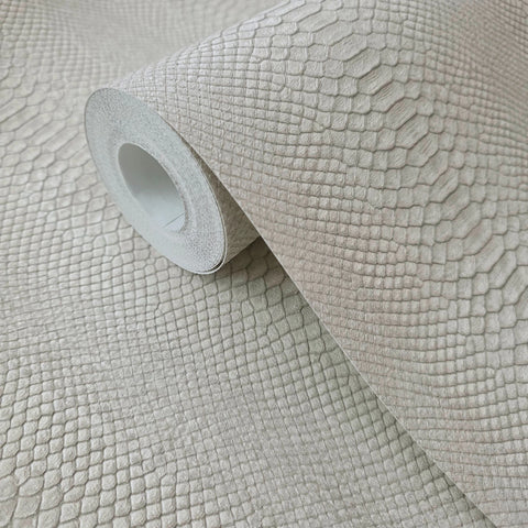58840 Embossed grayish off white cream faux python scale snake skin textured wallpaper