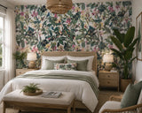 81686 Botanic tropical flower blossom bird white green faux fabric textured wallpaper